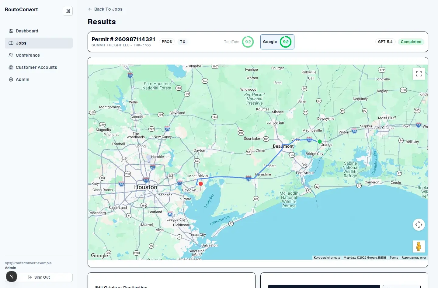 Processed permit: both routing providers score 92 and the approved route is drawn on the map