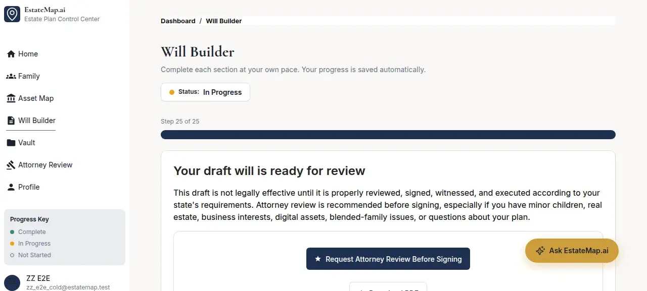 Final step of the will builder, recommending attorney review before signing