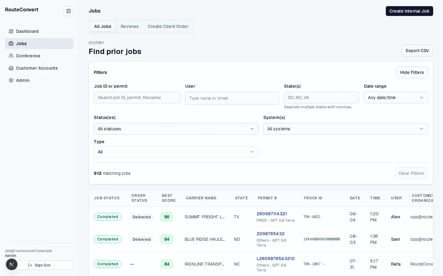 Internal jobs dashboard listing processed permits with status, score, carrier, and state
