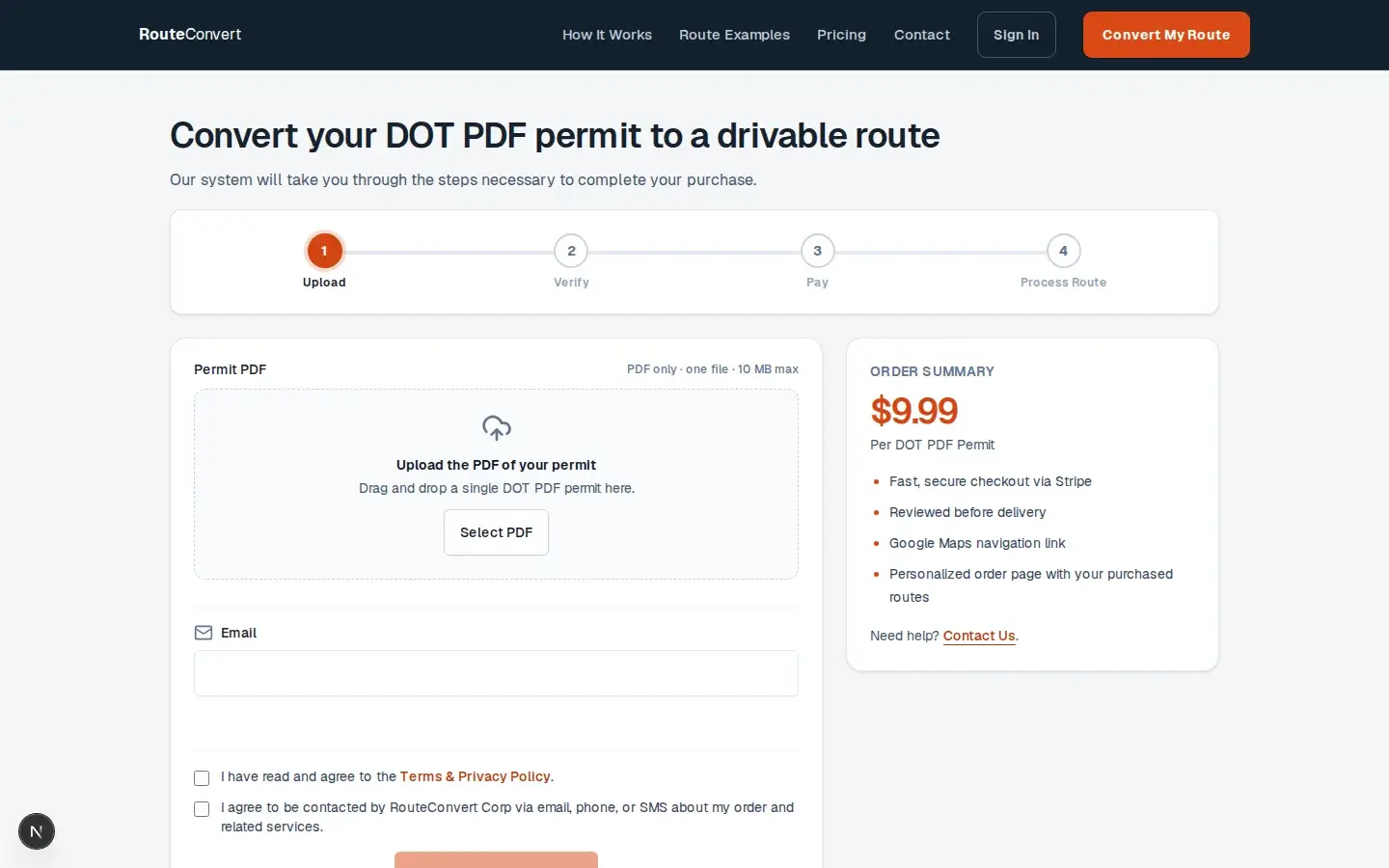 Self-serve order flow: upload a permit PDF, pay, receive the processed route