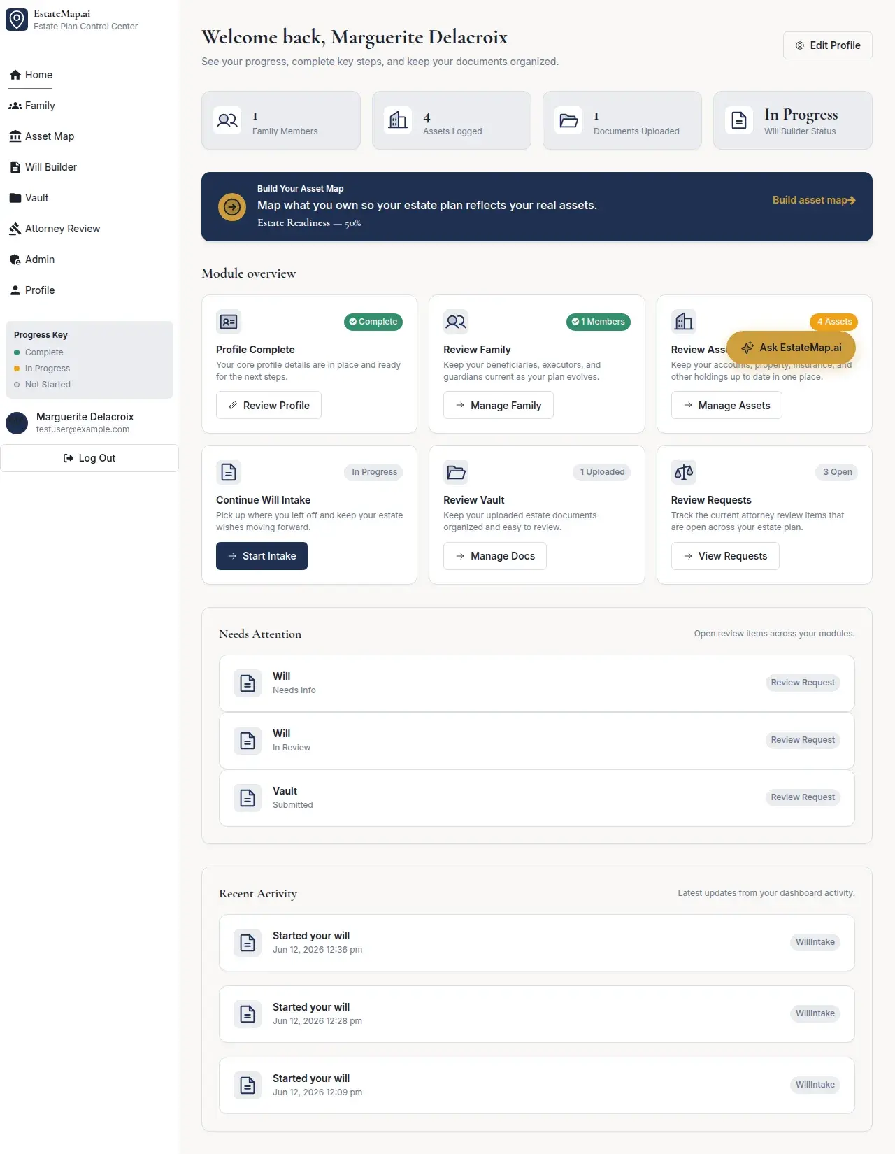 Estate Map, user dashboard with plan progress, modules, and the AI assistant